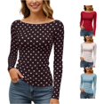 thumbnail image 1 of Gyujnb Womens Polka Dot Long Sleeve T‑Shirt, Off‑Shoulder Slim Fit Fitted Blouse, Casual Dressy Tops for Daily Layering & Street Outfits,Brown, 1 of 5