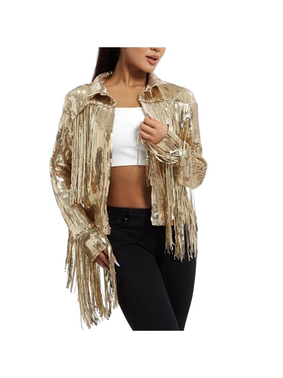 Gyujnb Womens Sparkly Sequin Jacket Zipper Long Sleeve Glitter Coat Casual Shiny Outerwear for Party Rave and Night Out Events