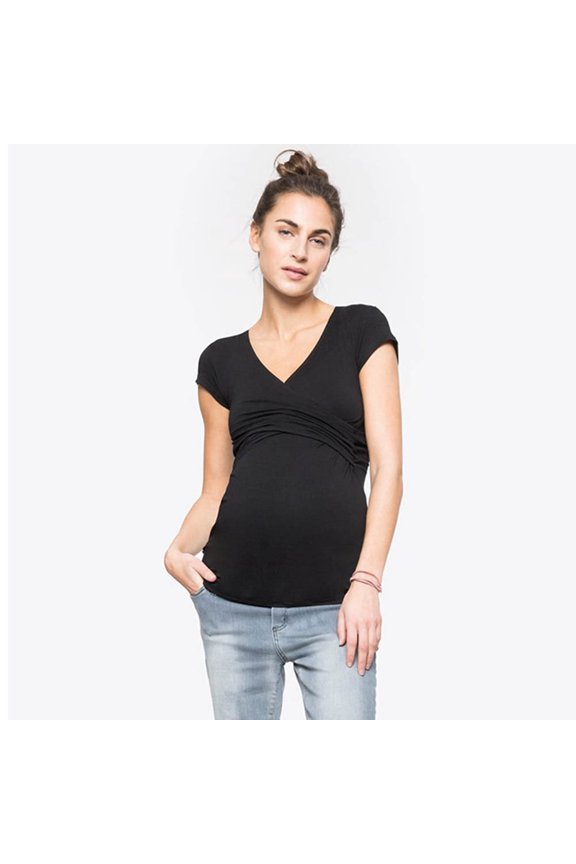 Gyujnb Wrap Cross V Neck Maternity Nursing T Shirt Multi Solid Color Soft Stretch Knit Short Sleeve Inner Concealed Feeding Side Ruched Slim Fit Blouse,L
