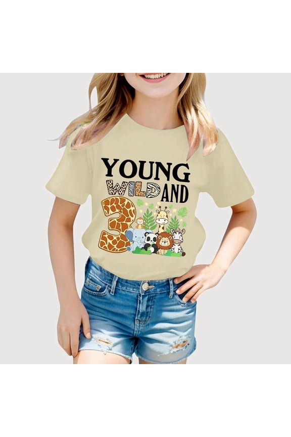 Gyujnb Young Wild and Three Jungle Animal Print Short Sleeve Crew Neck T Shirt Casual Kids Tee (Little Girls, Big Girls),0-1 Years