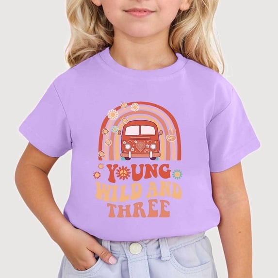 Gyujnb Young Wild and Three Print Crew Neck Short Sleeve T Shirt Casual Play and Daily Wear (Little Girls, Big Girls),6-7 Years