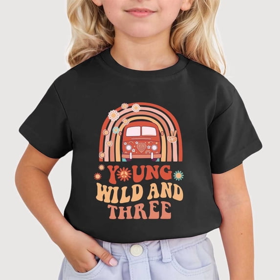 Gyujnb Young Wild and Three Print Crew Neck Short Sleeve T Shirt Casual Play and Daily Wear (Little Girls, Big Girls),8-9 Years