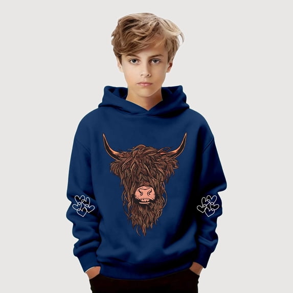 Gyujnb Youth Hoodie Shaggy Cow Print Cool Warm Versatile Pullover for Daily Casual Outings (Toddler, Big Boys),13-14 Years