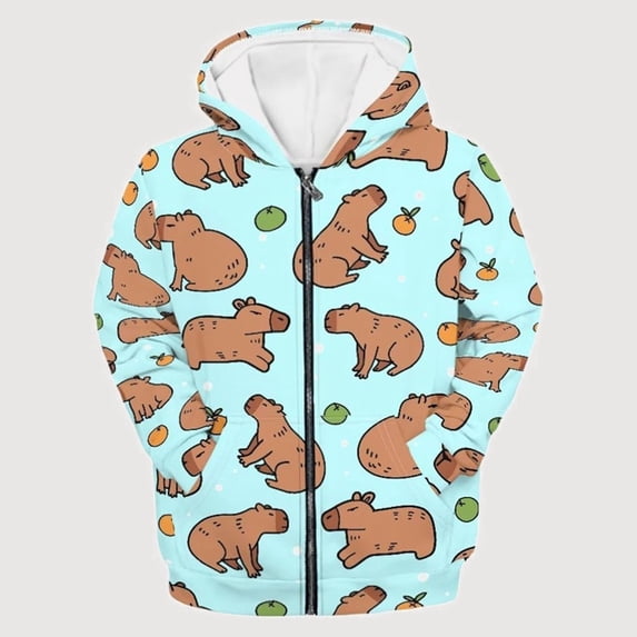 Gyujnb Youth Warm Zip up Hoodie with Mixed Capybara All Over Print for Fall Winter Daily Versatile Outerwear (Toddler to Big Boys),18-24 Months