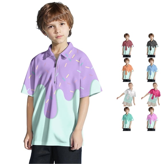 Gyujnb Zipper Collar Sprinkle Print Polo Shirt Breathable Casual Short Sleeve Top (Little Boys, Big Boys),13-14 Years