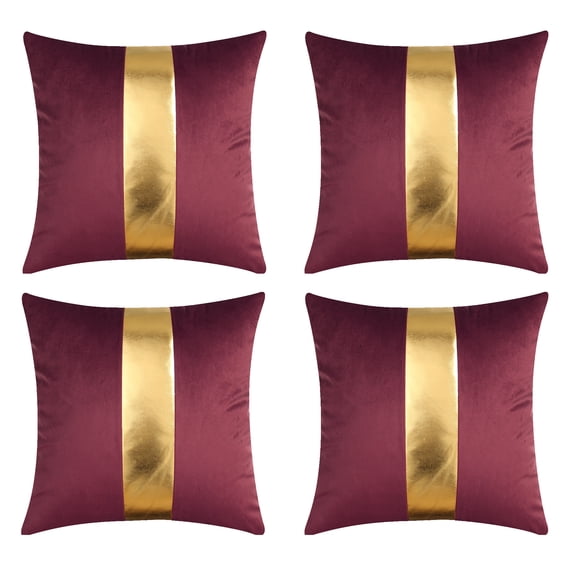Gyulin Pack of 4,18 x 18 Velvet Throw Pillow Covers with Gold Leather Striped Patchwork Stitching Modern Minimalist Square Pillowcase Cushion Covers for Bedroom Sofa Couch Living Room,Burgundy Red