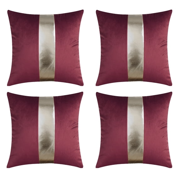Gyulin Pack of 4,18 x 18 Velvet Throw Pillow Covers with Silver Leather Striped Patchwork Stitching Modern Minimalist Square Pillowcase Cushion Covers for Bedroom Sofa Couch Living Room,Burgundy Red