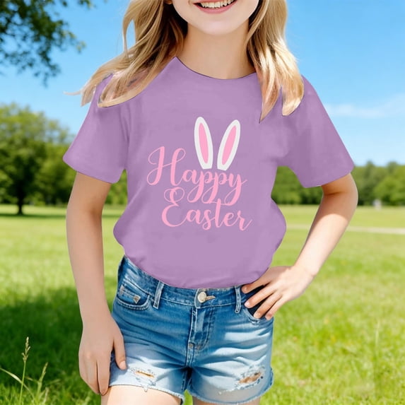 Gzbliryd Boys Easter Shirt Bunny Short Sleeve Crew Neck Shirt To Easter Gift Shirts for Little Boy Soft and Breathable Summer Dailywear Clothing (Light Purple,18-24 Months)