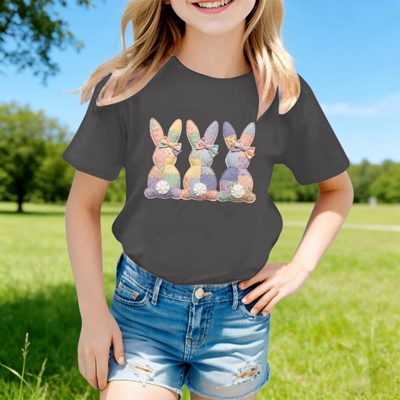 Gzbliryd Easter Crewneck T-Shirt Funny Letter Printed Shirts Crew Neck Easter T Shirts for Teen Boys Summer Casual Short Sleeve Cartoon Tee Tops (Grey,3-4 Years)