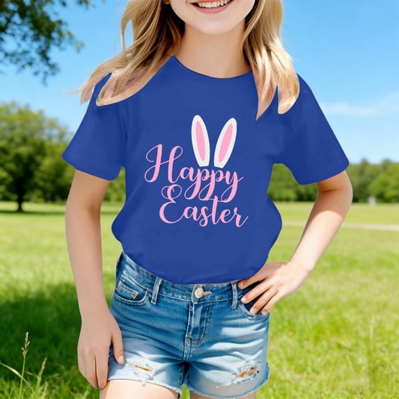 Gzbliryd Easter Cute Bunny Shirt Leopard Rabbit Tshirt Funny Rabbit Graphic Printed Tee Short Sleeve Cotton Tee Tops for Teen Boys Easter Baseball Bunny Short Sleeve Tops (Blue,5-6 Years)