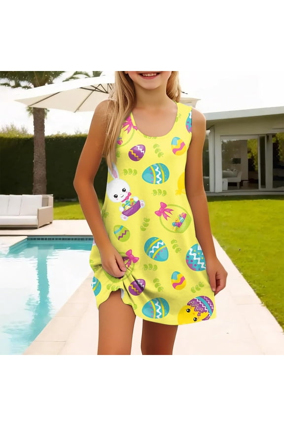 Easter Cute Spring Summer Sun Dresses Easter Birthday Princess Party Easter Outfit Girl Clothes for Girl Daughter Casual Puff Sleeve Floral Dress Girls Summer Outfits (Yellow,13-14 Years)