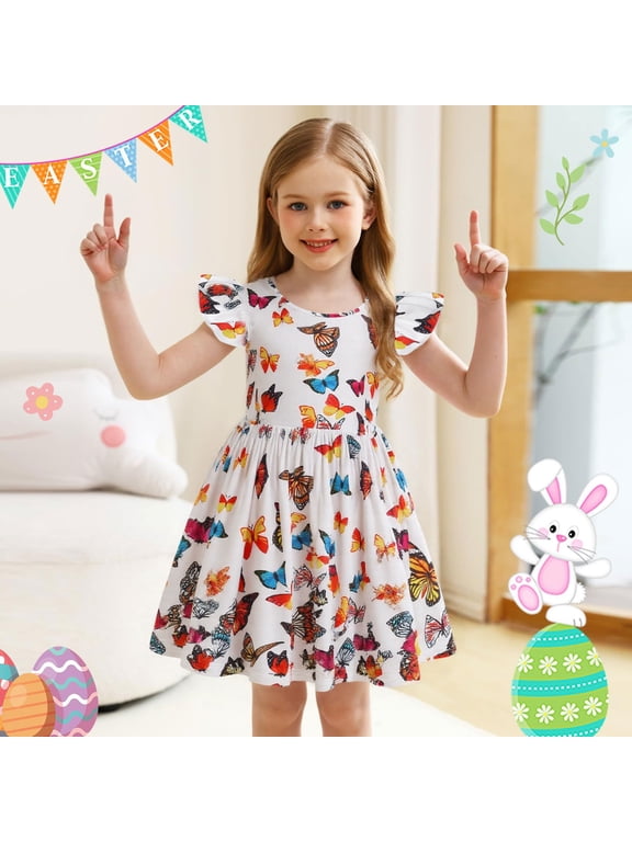 Easter Cute Spring Summer Sun Dresses Heart Fly Sleeve Mesh Layered Princess Dress Easter Egg Smocked Dress for Girls Summer Causal Tutu Skirts (Multicolour,6-7 Years)