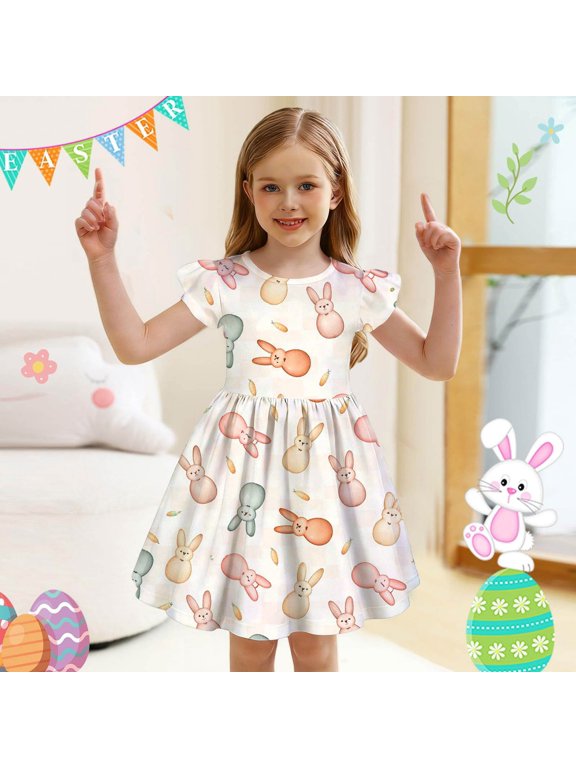 Easter Leopard Print Dress Easter Birthday Princess Party Easter Egg Smocked Dress for Little Girl Summer Causal Tutu Skirts (Beige,9-10 Years)