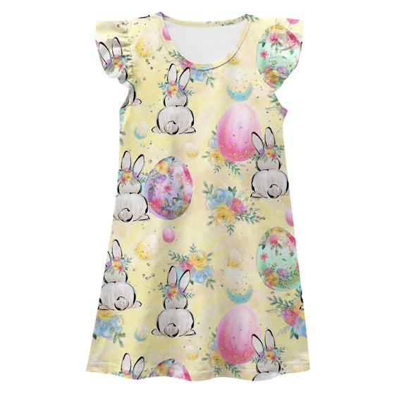 Gzbliryd Easter Leopard Print Dress Smocked Dress Summer Casual Short Sleeve Dresses Floral Print Sun-Dress Prin-Cess Dress for Girls Summer Tulle Dresses (Light Yellow,9-10Years)