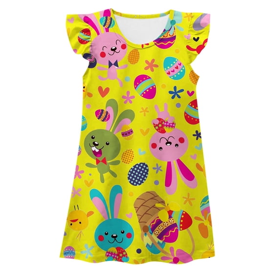 Gzbliryd Easter Summer Dresses Heart Fly Sleeve Mesh Layered Princess Dress Floral Print Sun-Dress Prin-Cess Dress for Girl Daughter Cute Girls Spring Outfits (Yellow,3-4 Years)