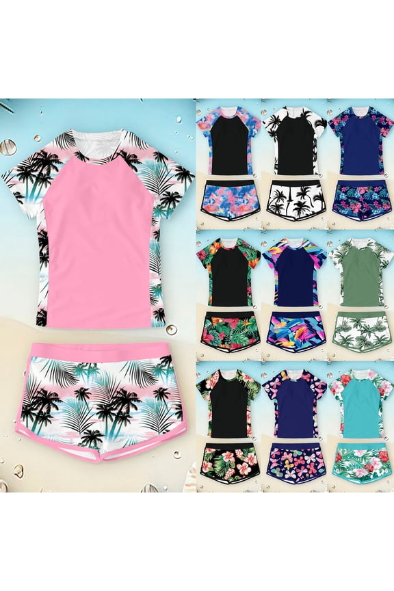 Girls Rash Guard swimsuits for girls 2-Piece Bathing Suit y-2k swimsuit UPF 50+ Summer Beach Swimwear Size 7-14T (Teens,Pink,L)