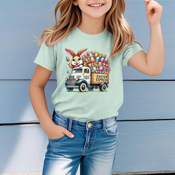 Gzbliryd Happy Easter Shirt Bunny Easter T-Shirt Funny Rabbit Graphic Printed Tee Funny Bunny Rabbit T Shirt for Teen Boys Eggs Outfit Easter Top (Light Green,4-5 Years)