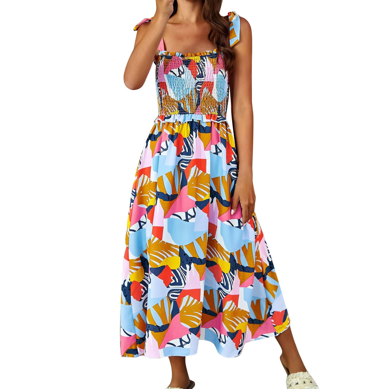 Gzea Casual Dresses For Women Summer Dresses 2024 Tie Strap Square Neck
