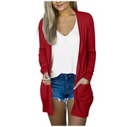 Gzea Conceited Cardigan Sweater Long V Neck Womens Ladies Sleeve Pockets Coat Solid Outerwear Cardigan Women's Coat Red,XXXL