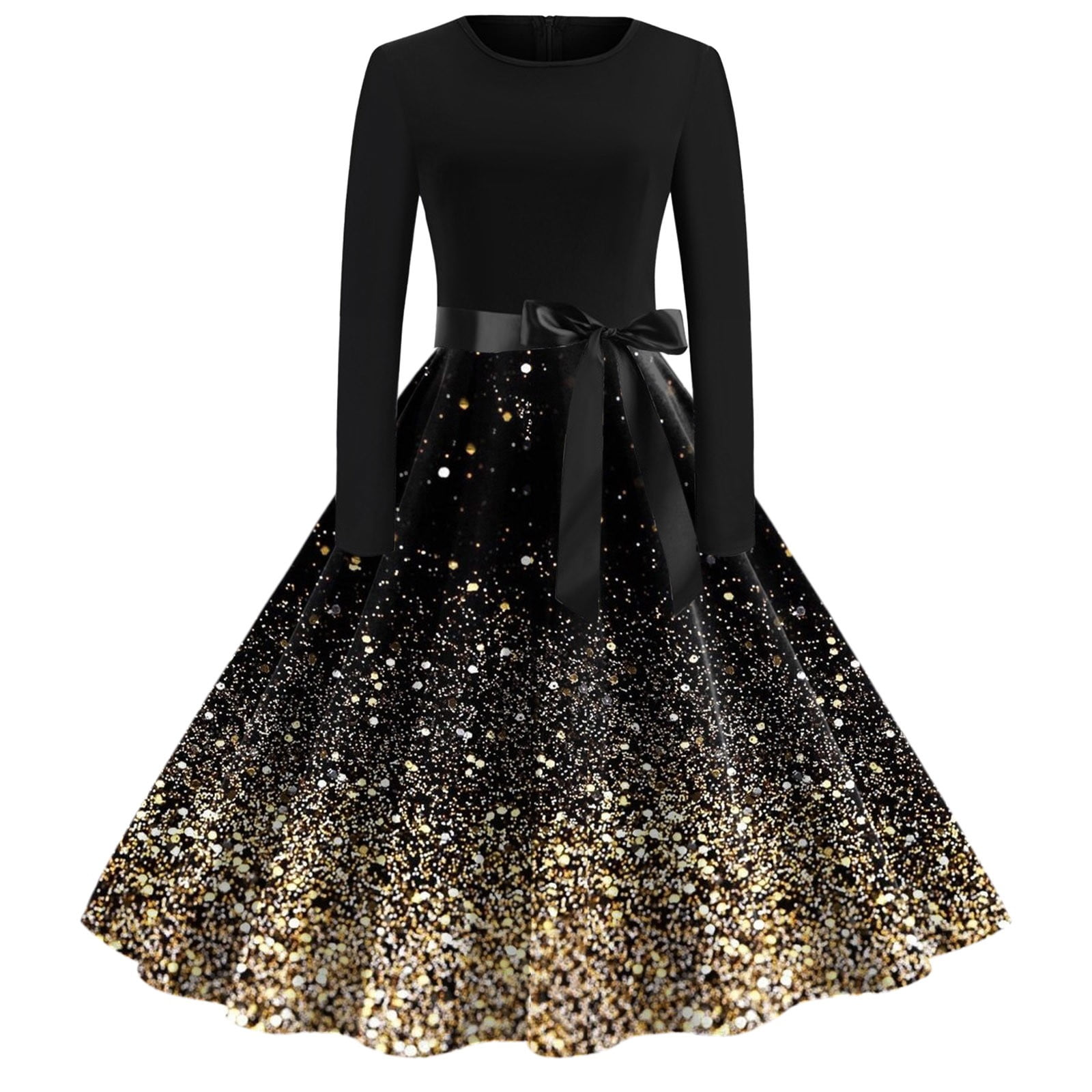 Gzea Dresses for Juniors Women Fashion Christmas Print Dress Round Neck  Long Sleeve Dress Big Swing Dress Black,S - Walmart.com