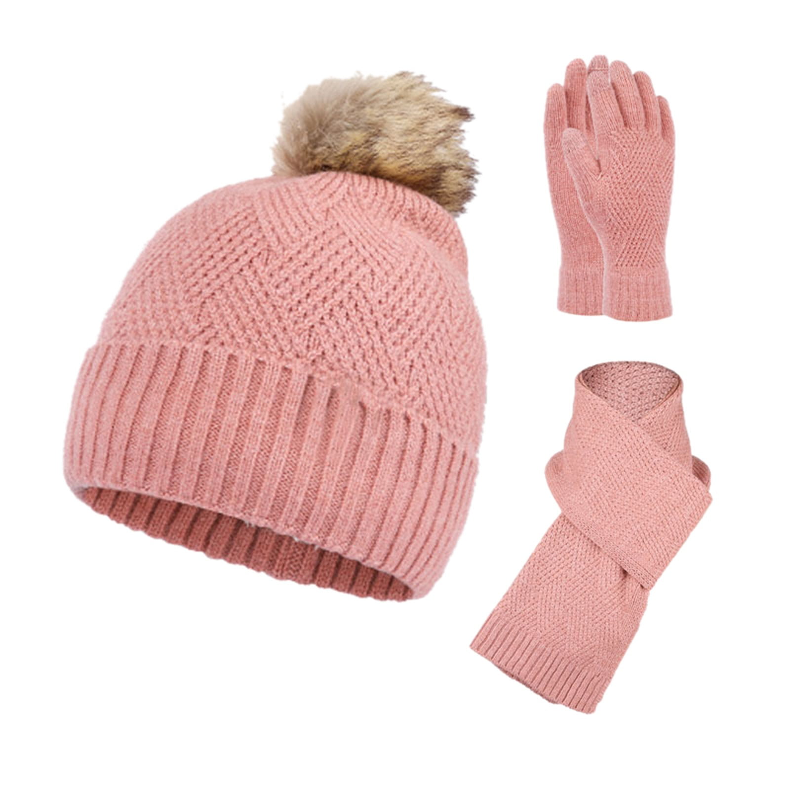 Gzea Hat Scarf Gloves Set Women Wool Ball Plush Knitted Hat Three Piece