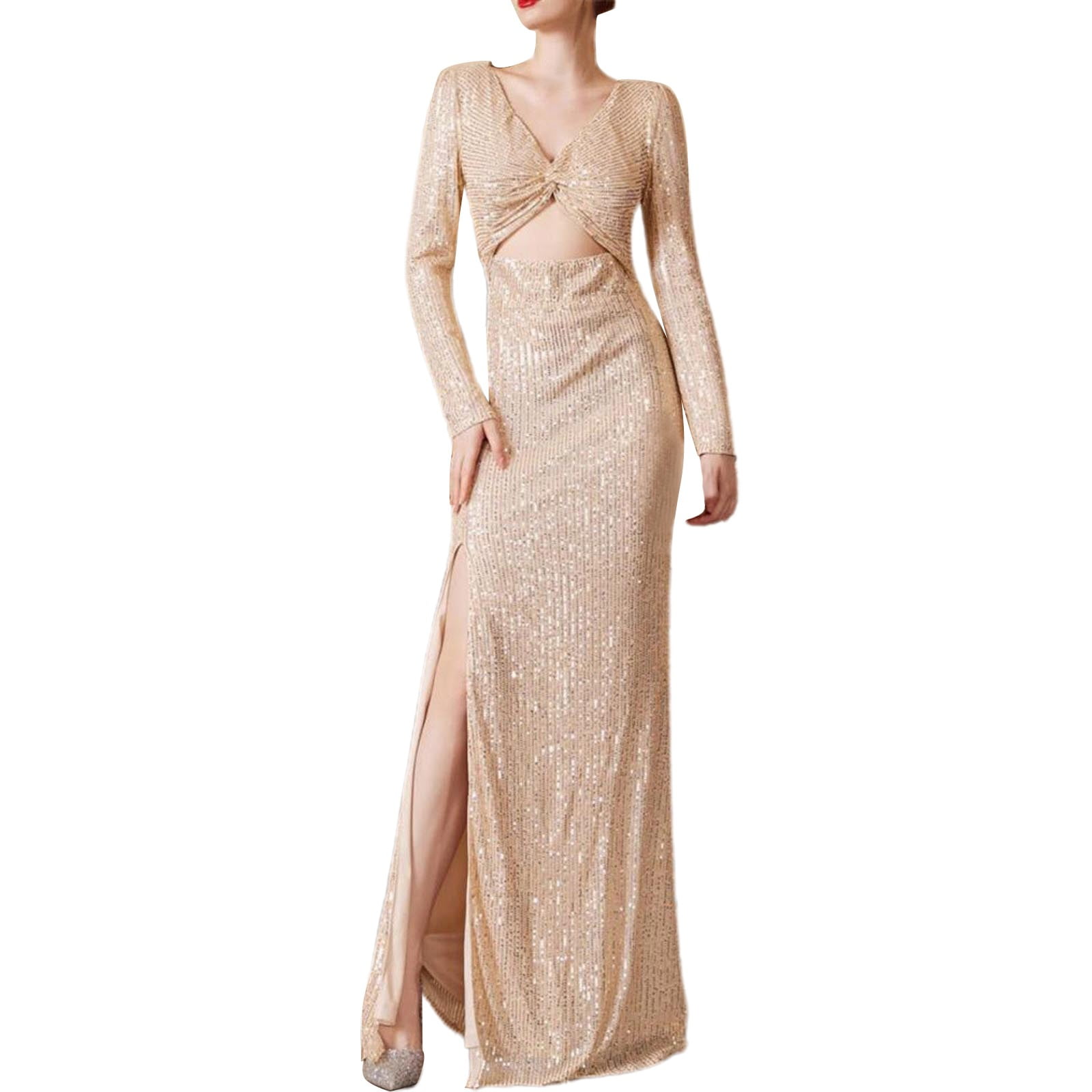 Gzea Sexy Dress Women Fashion Solid Dress Sequin Long Sleeve V Neck ...