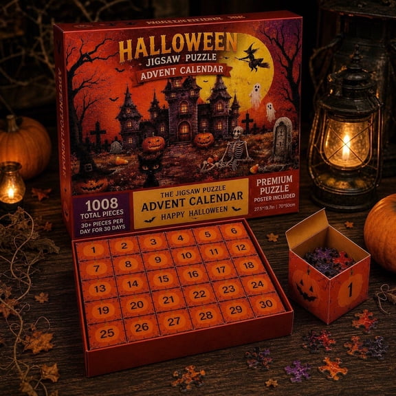 Gzhgfqoyut Halloween Puzzle Decor, Halloween Table Decor Advent Calendar Jigsaw Puzzle Box for Mantel Coffee Table Holiday Party Game Scene