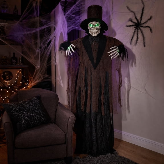 Gzhgfqoyut Halloween Standing Prop Skeleton Gentleman Animatronic Decor, Halloween Yard Decorations Light Up Scary Figure for Indoor Ghost House Party Decor
