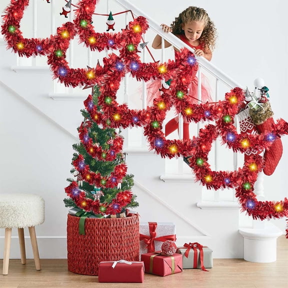 Gzhgfqoyut Tinsel Christmas String Lights, Red Fluffy Garland Light, Multicolor led Holiday Light, Festive Decor for Staircase Tree Party