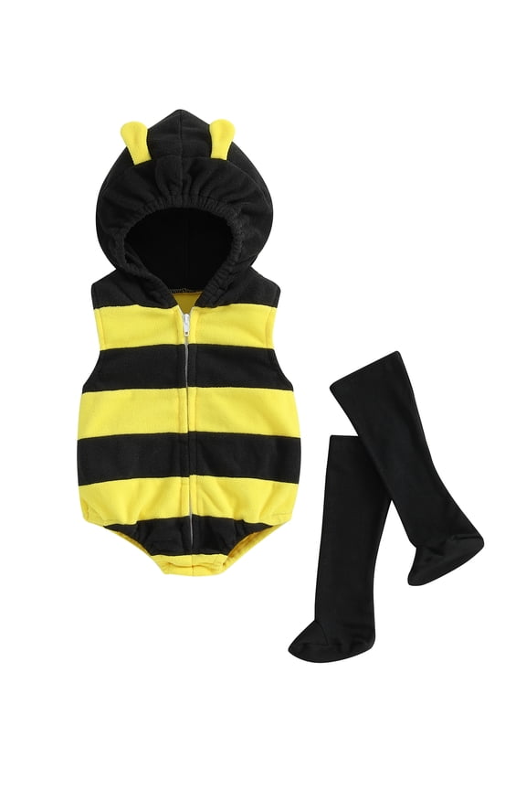0-24 Months Infant Baby Boys Girls Bee Sleeveless Stripes Hooded Romper Long Socks Set