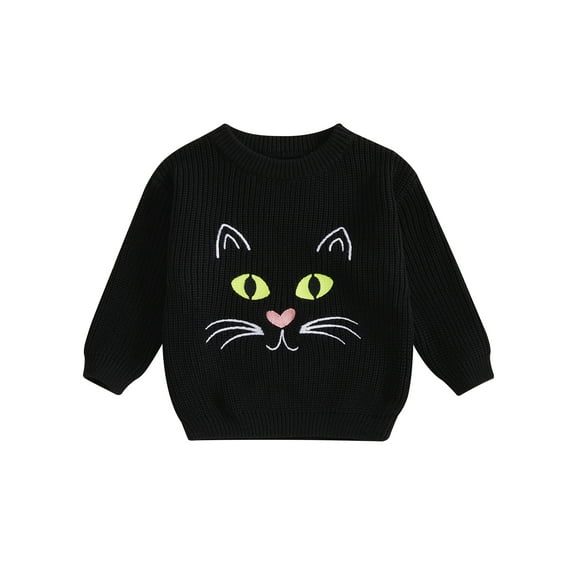 Gzhioc 0-5T Kids Baby Boy Girl Halloween Fall Sweater Cat Pattern Long Sleeve Crew Neck Knitwear Loose Pullover