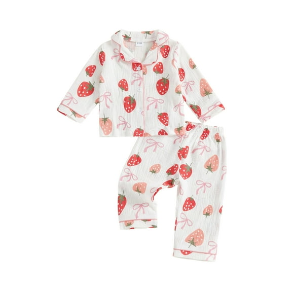 Gzhioc 1-7T Kids Baby Girls Autumn Pajama Sets Long Sleeve Lapel Button Up Bow/Strawberry Print Shirt Pants Sleepwear