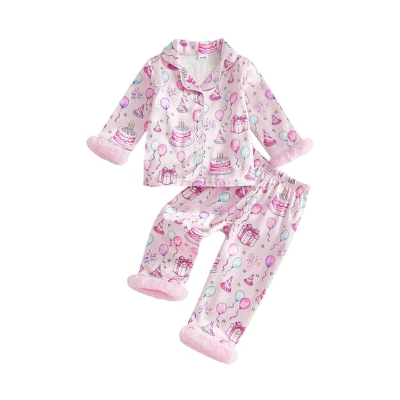 Gzhioc 1-7T Little Baby Girls Birthday Pajama Sets Long Sleeve Lapel Button Up Cake Balloon Print Shirt Pants Sleepwear