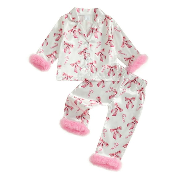Gzhioc 1-8T Little Baby Girls Christmas Pajamas Sets Candy Cane and Bow Pattern Feather Edge Lapel Long Sleeve Tops Elastic Waist Pants