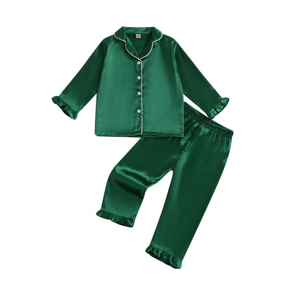 Gzhioc 1-9T Little Baby Girl Satin Pajama Set Ruffle Trim Long Sleeve Button-up Tops and Elastic Waist Pants 2 Piece Sleepwear