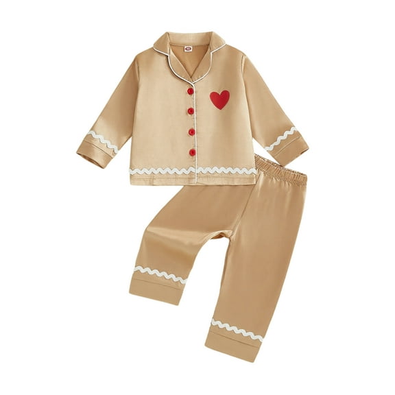 Gzhioc 1-9T Little Baby Girls Boys Christmas Satin Pajamas Set Heart Print Long Sleeve Lapel Button Down Tops with Pants Gingerbread Man Sleepwear