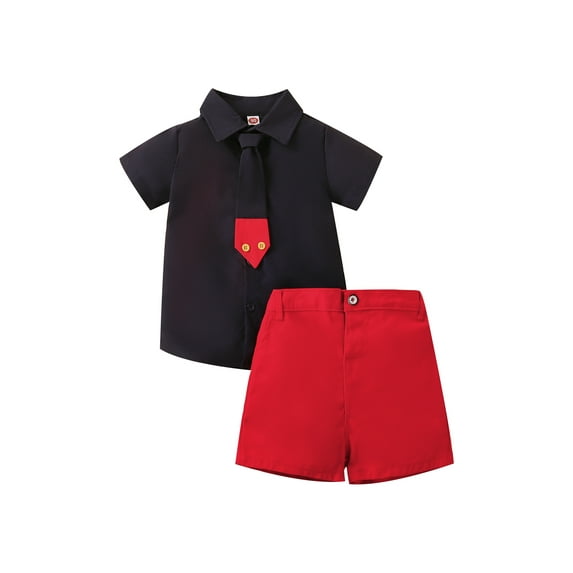 Gzhioc 2 Pieces Kids Suit Set, Summer Contrast Color Lapel Short Sleeve Shirt with Necktie+ Short Pants for Boys, 1-8 Years