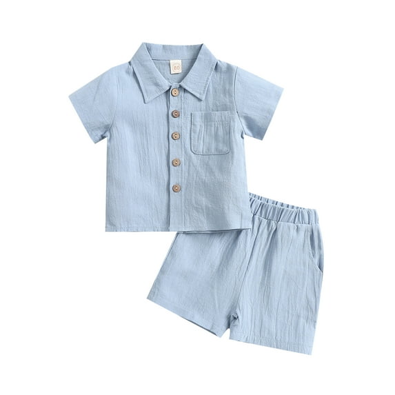 Gzhioc 2Pcs Little Boys Outfit,Summer Autumn Solid Color Lapel Short Sleeve Single-breasted Tops + Shorts Set