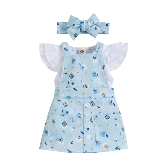 Gzhioc 3Pcs Baby Girls Cute Romper Outfit, Round Collar Fly Sleeve Jumpsuit + Solid Color/Floral Printing Suspender Skirt + Headwear