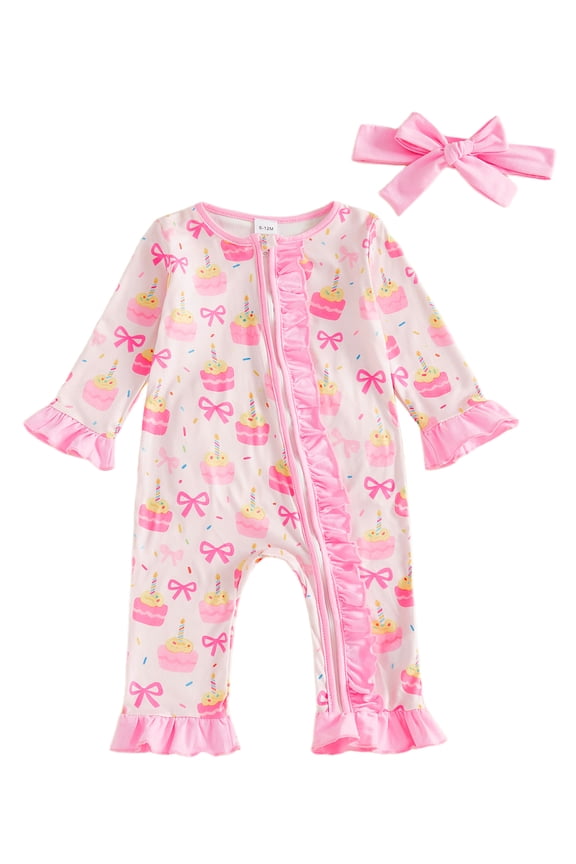 Baby Girl Birthday Romper Ruffles Cake Bow Print Long Sleeve Zip Up Jumpsuit Bow Headband