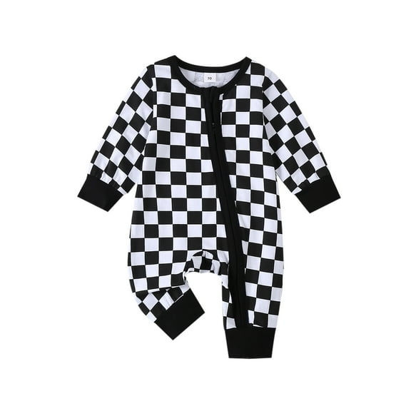 Gzhioc Baby Girl Boy Checkerboard Romper Round Neck Long Sleeve Full Length Zipper Jumpsuit for Fall
