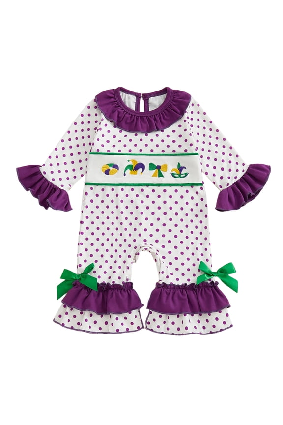 Baby Girl Carnival Casual Jumpsuit Infant Long Sleeve Doll Collar Dot Print Embroidered Bodysuit