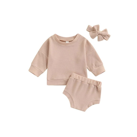 Gzhioc Baby Girl Casual 3 Pcs Clothes Sets, Solid Color Long Sleeve Round Neck Tops + Elastic Waist Shorts + Headband
