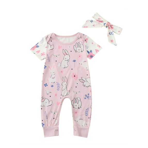 Gzhioc Baby Girl Cute Romper Headband Set, Infant Short Sleeve Round Neck One Piece Crotch Buttons Rabbit Pattern Matching Hair Band