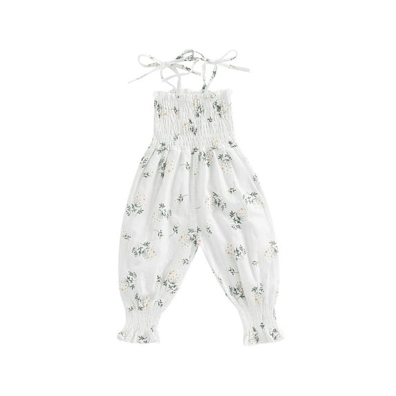 Gzhioc Baby Girls Summer Jumpsuit, Floral Shoulder Straps Tie Ruched Long Romper, Toddler Girls Sling Long Pants One-Piece Jumpsuit ,White