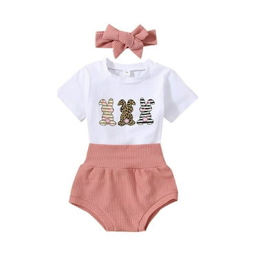 Gzhioc Baby Girls Sweet Romper Set, Short Sleeve Rabbit Print Romper Elastic Waist Shorts with Hairband