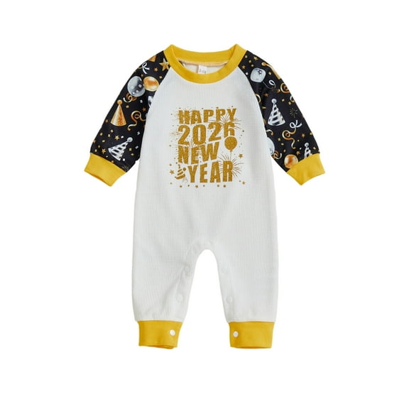 Gzhioc Baby New Year Romper Letter Print Long Sleeve Round Neck Full Length Bodysuit for Boys Girls