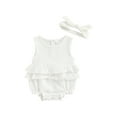 thumbnail image 1 of Gzhioc Baby Summer Sweet 2PCS Romper, Sleeveless Plain Pleated Crew Neck Ruffle Snap Bottom Jumpsuit, Stretchy Bow Headband, 1 of 9