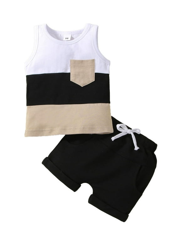 Gzhioc Baby Toddler Boys 2PCS Shorts Outfits, 3 6 12 18 24 Months 2T 3T Sleeveless Patchwork Crew Tank Tees + White Straps Short Pants, Kids Boys Casual Clothing Set
