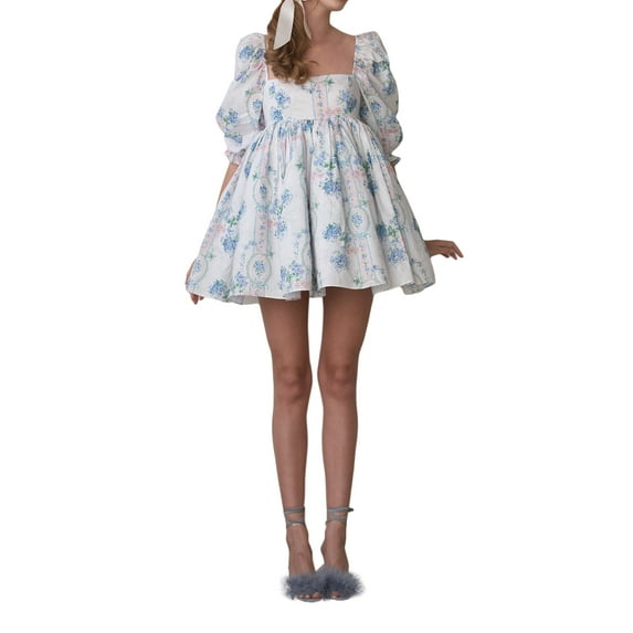Gzhioc Female Short Dress, Solid Color Square Neck Short Puff Sleeve Low-Cut One-Piece for Summer,S/M/L/XL/XXL